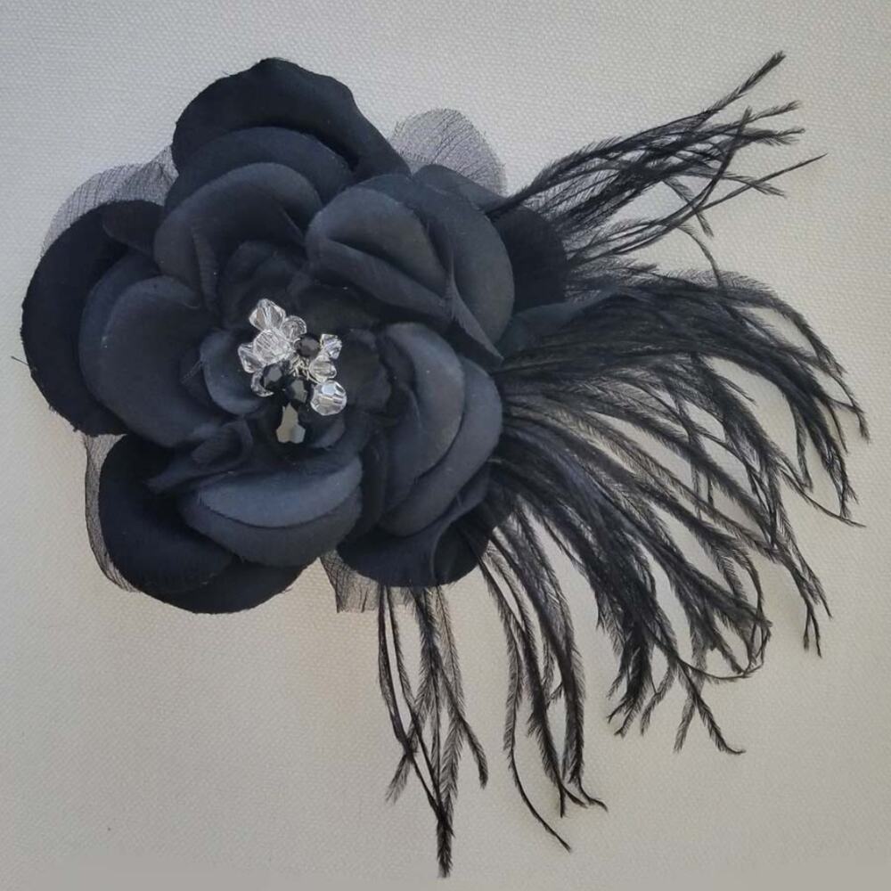 OSSAI SS11-FL-19 Crystals Feathers Black Hair Flower Comb Bridal Formal